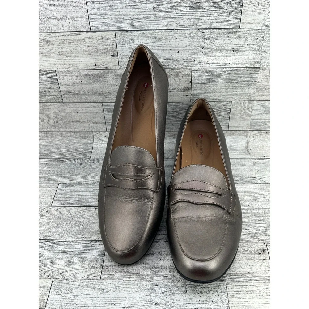 Clarks Unstructured Metallic Pewter Loafers Women's Shoes Size‎ 9.5M